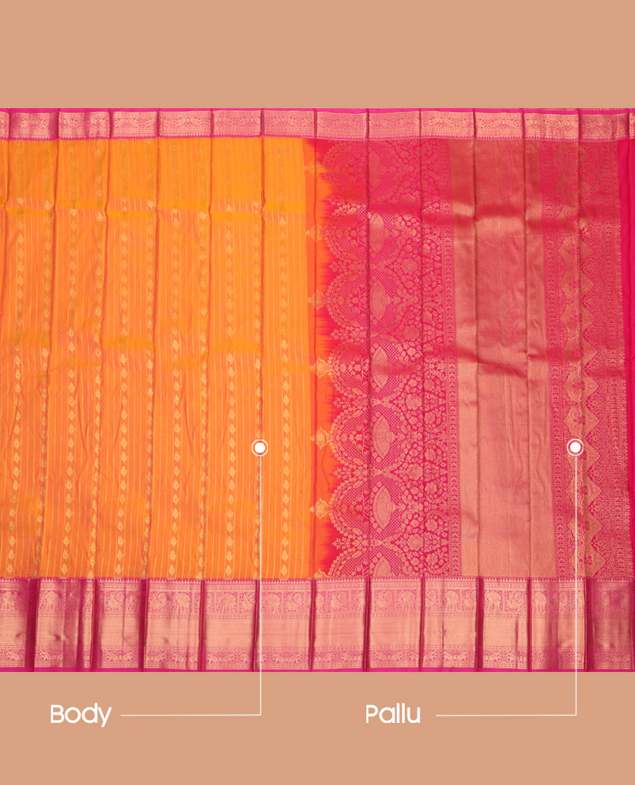 Orange Budget Silk Saree, Enriched with Zari Buttas and Stripes All Over Its Body, Complemented by Contrast Traditional Zari Designs Woven Border, Grand Pallu and Paired with a Contrast Blouse