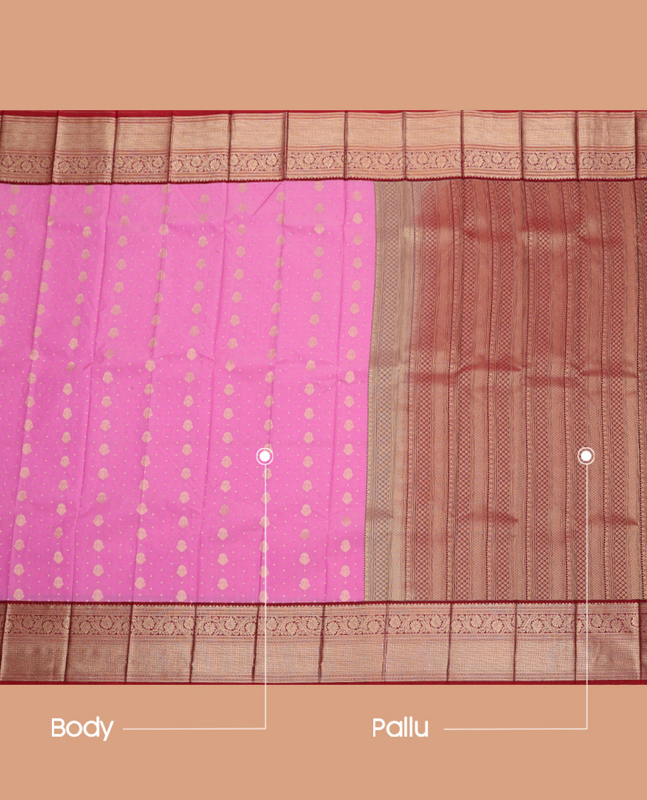 Pink Budget Silk Saree, Embellished with Zari Buttas, Complemented by a Contrast Traditional Zari Border, Geometric Pallu, and Contrast Blouse