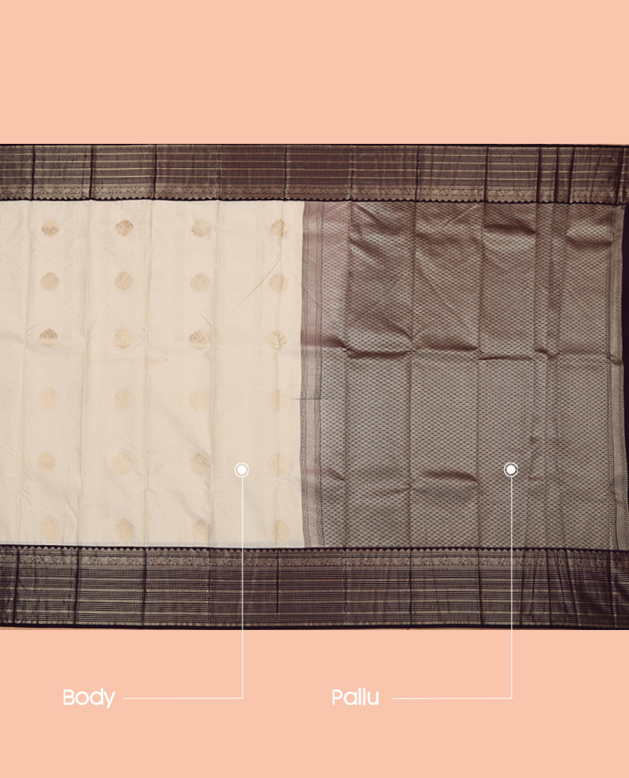 Cream Budget Silk Saree, Subtly Sparkled with Zari Buttas, Complemented by a Contrast Traditional Zari Border, Jaal Pallu, and a Contrast Blouse