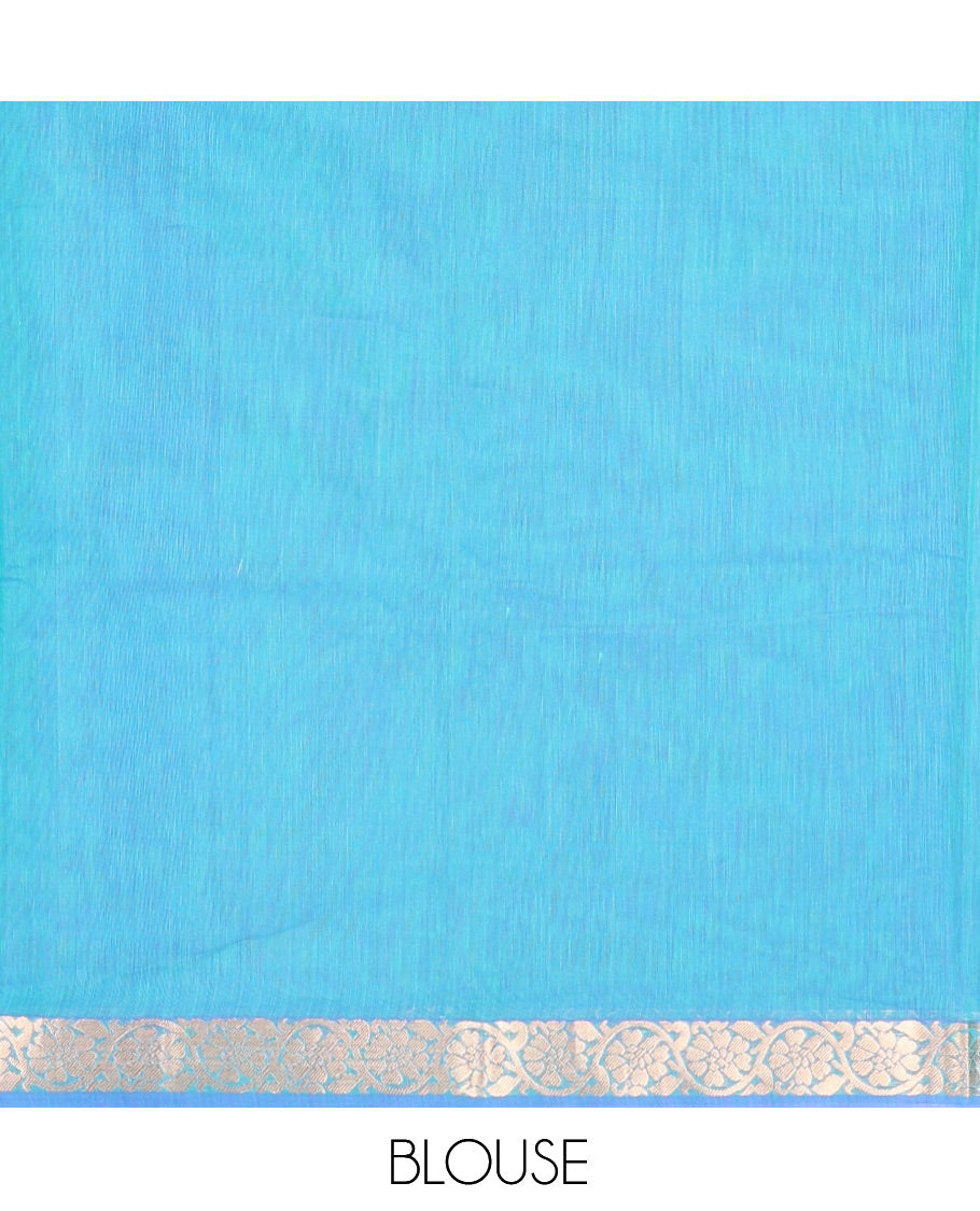 Blue Silk Cotton Saree, Adorned with Zari Buttas, Complemented by Contrast Floral Creeper Border, a Pallu of Intricate Designs, and Contrast Blouse