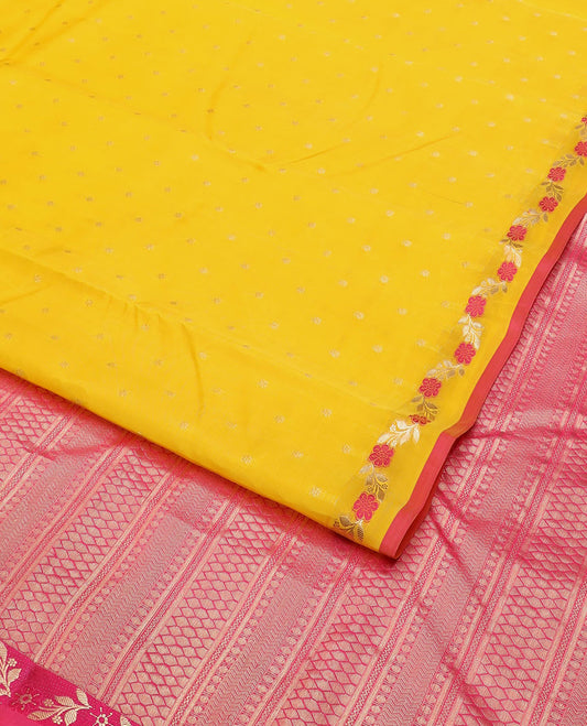 Yellow zari buttas vasundhara silk mix saree, meenakari floral creeper border & contrast pallu of rudraksham,neli,vanki & then kuli kann