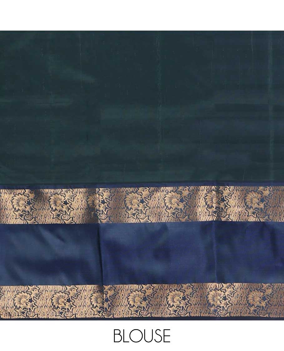 Green stripe, floral vasundhara elite silk saree with contrast floral zari border & checked zari design pallu