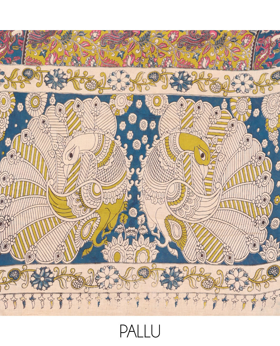 Green Kalamkari Cotton Saree, Styled with Flora-Peacock Print, Contrast Peacock Border, Pallu of Peacock Print, and a Matching Blouse