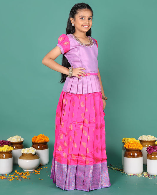 Pink readymade art silk pavadai, peacock feather buttas & contrast geometric border skirt, & embroidery round neck puff-sleeve blouse