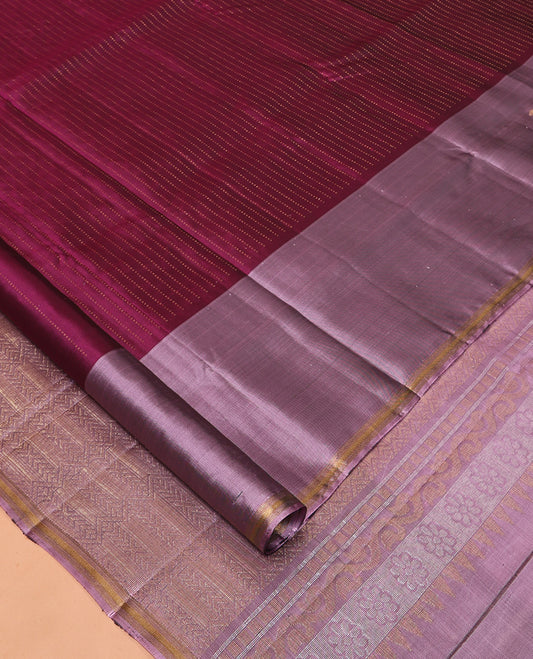 Purple Mayuri Lite Silk Mix Saree, Adorned with Muthu Stripes, Complemented by a Contrast Yaanai Zari Border, an Intricate Pallu, and a Contrast Blouse