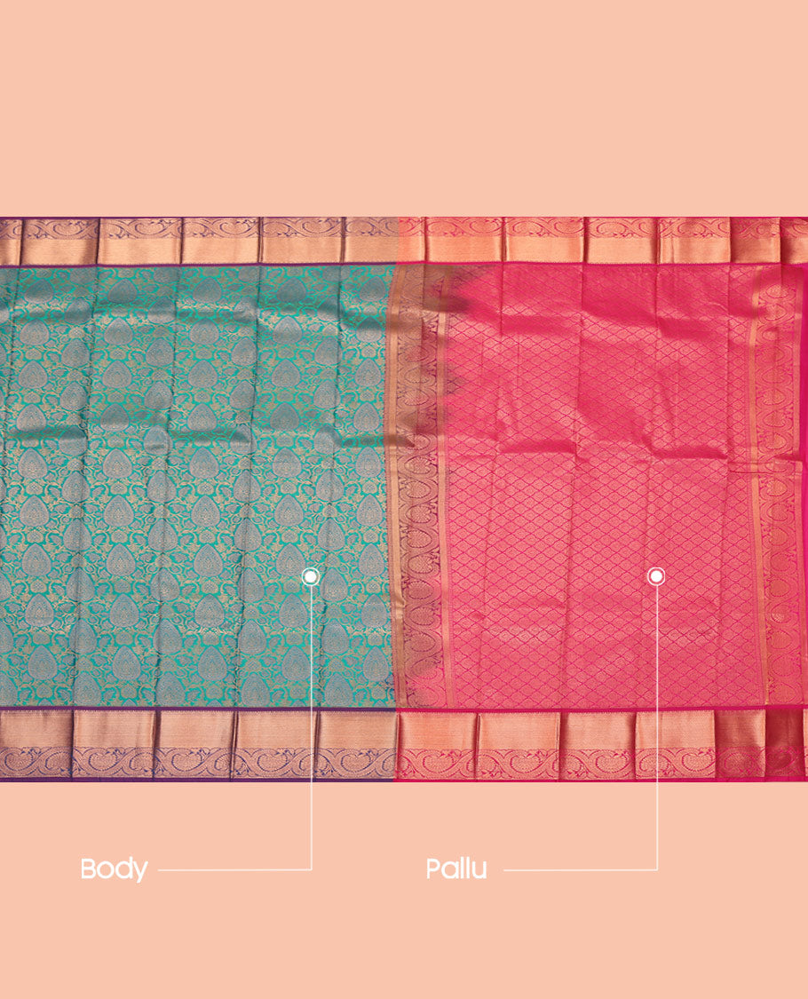 Green Budget Silk Saree, Ornamented with Jacquard, Complemented by a Contrast Traditional Zari Border, Grand Pallu, and a Contrast Blouse