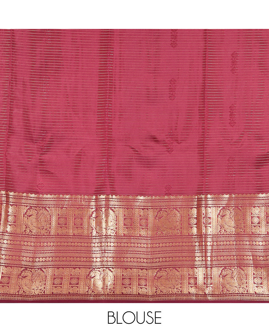 Green Vasundhara Lite Silk Mix Saree, Decked Up with Buttas and Stripes, Complemented by a Contrast Border of Bentex, Mayil Kann, Mayil, and Chakra, Intricate Pallu, and a Contrast Blouse