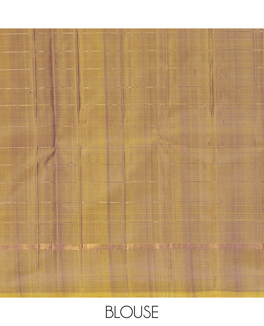 Blue Kanchipuram Silk Saree Delicately Woven with Checks, Complemented by a Contrast Border, Sparsely Zari Woven  Pallu, and Paired with a Contrast Blouse