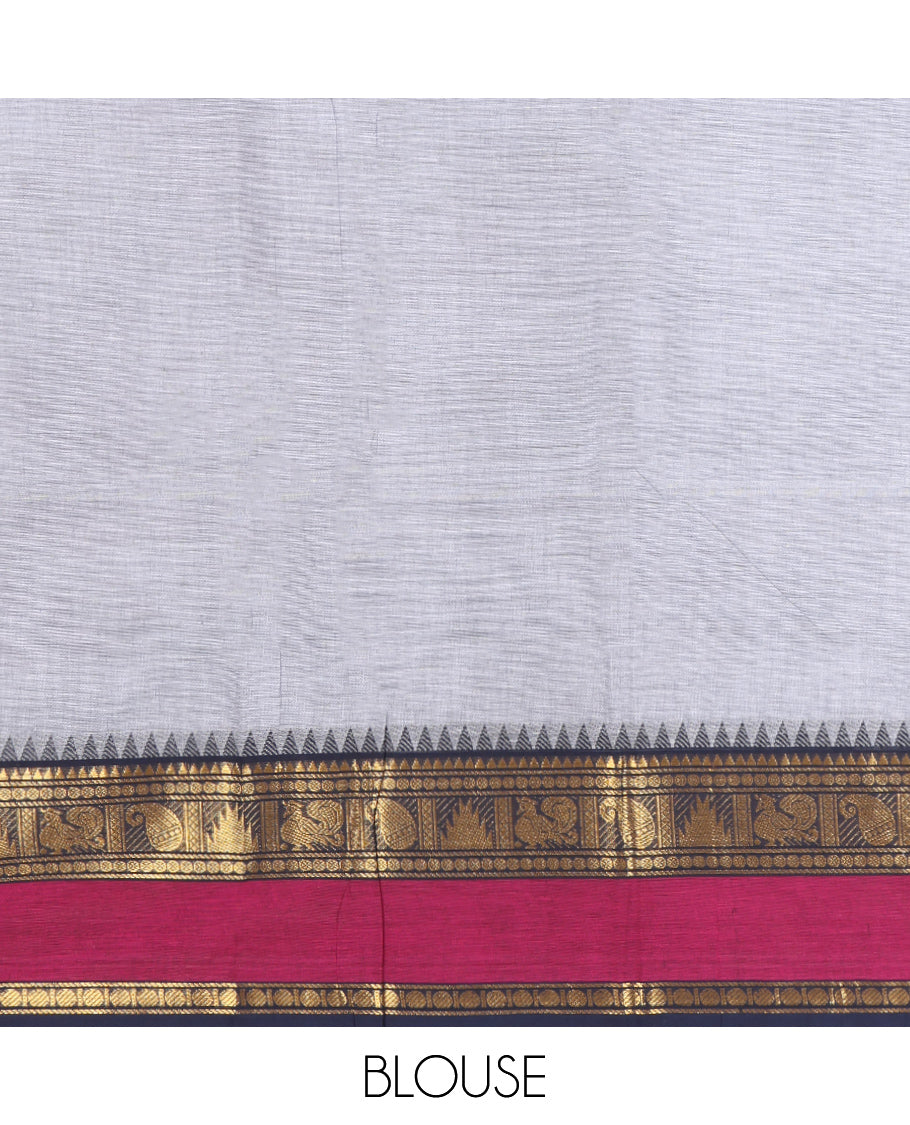 Grey Plain Chettinad Cotton Saree, Complemented by Contrast Rettai Pettu Traditional Design Temple Border, Striped Pallu, and Paired with a Matching Blouse