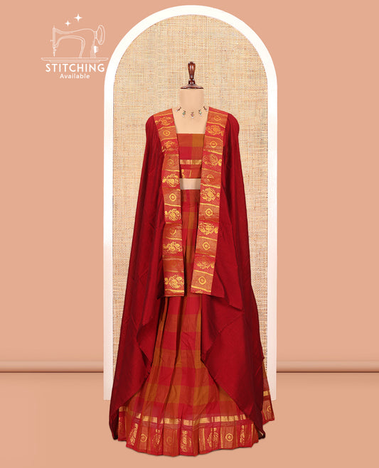 Brown-Maroon Chettinad Cotton Half-Saree
