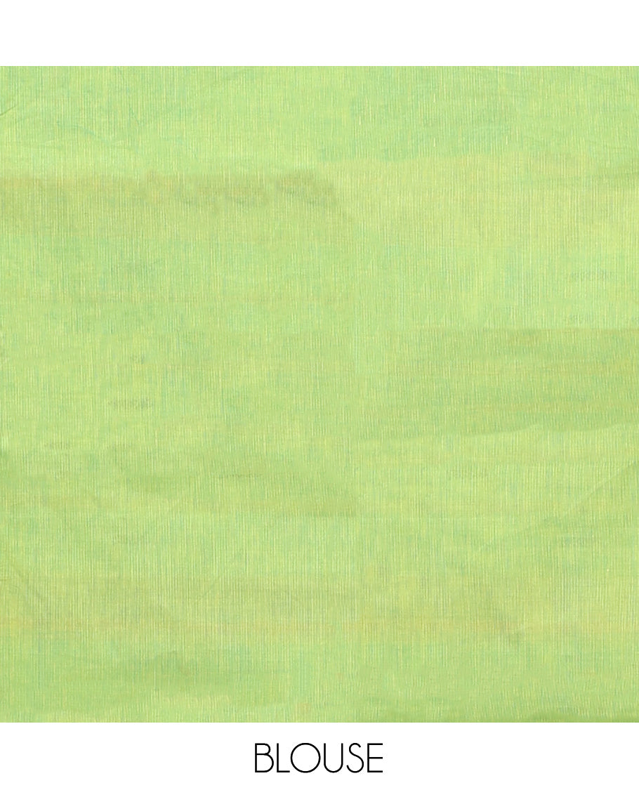 Pista Green Chettinad Cotton Saree, Decorated with Thread Buttas All Over Its Body, Complemented by a Contrast Ganga-Jamuna Kal Eragina Border of Kodi Peacock and Elephant Designs, Pallu of Buttas and Stripes, and Paired with a Matching Blouse