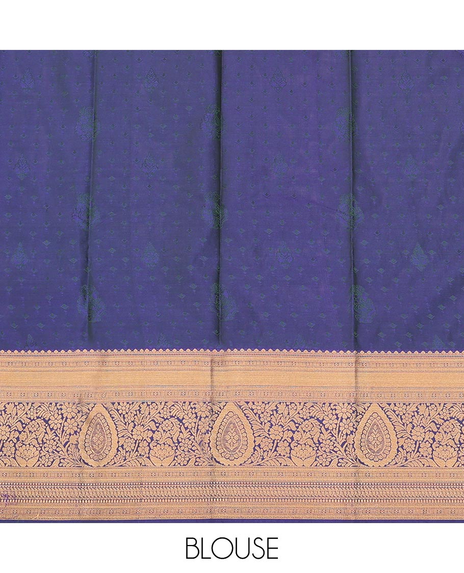 Green Art Silk Pavadai Material Set, Accentuated with Embossed and Zari Buttas All Over the Skirt, Complemented by a Contrast Traditional Zari Woven Border, and Paired with a Contrast Blouse