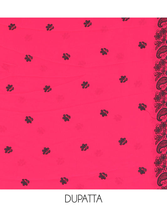 Rani Pink-Black Georgette Material Churidar Features Floral-Paisley Embroidery Top, a American Crepe Bottom, a Scallop Embroidered Dupatta