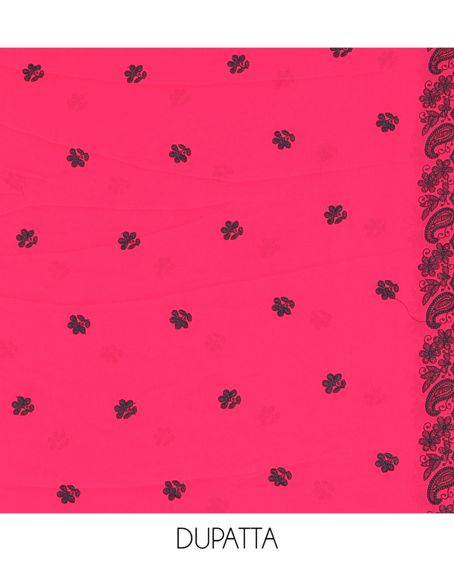Rani Pink-Black Georgette Material Churidar Features Floral-Paisley Embroidery Top, a American Crepe Bottom, a Scallop Embroidered Dupatta