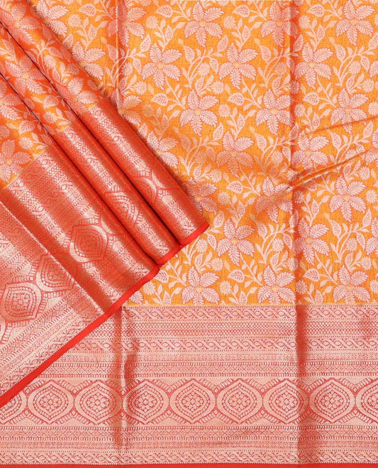 Orange floral design art silk pavadai material with contrast traditional zari design border & floral zari design blouse