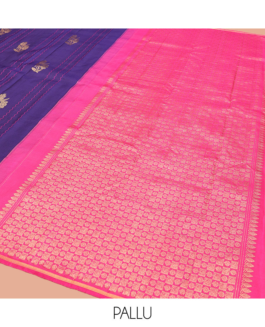 Borderless Blue Kanchipuram Silk Saree, Elevated with Zari Buttas and Zig-Zag Thread Stripes, Complemented by a Contrast Pallu of Zari Butta Enclosed Checked Designs, and Paired with a Contrast Blouse