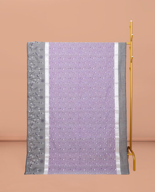 Lavender Chirala Cotton Saree, Steeped with Buttas, a Contrast Floral Border, Printed Pallu, and a Contrast Blouse