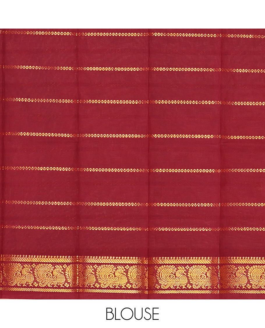Sandal Sungudi Cotton Saree, Subtly Sparkled with Zari Checks on Its Body, Complemented by a Contrast Traditional Zari Border of Big Peacocks, Zari-Striped Pallu, and Paired with a Contrast Blouse