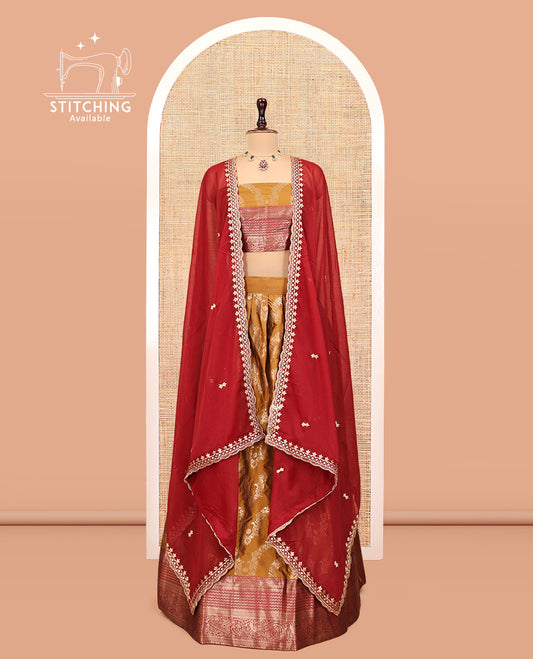 Mustard-Red Banarasi Half-Saree, Accentuated with Jacquard Design, a Contrast Traditional Zari Border, a Matching Blouse, and a Contrast Embroidered Dhavani