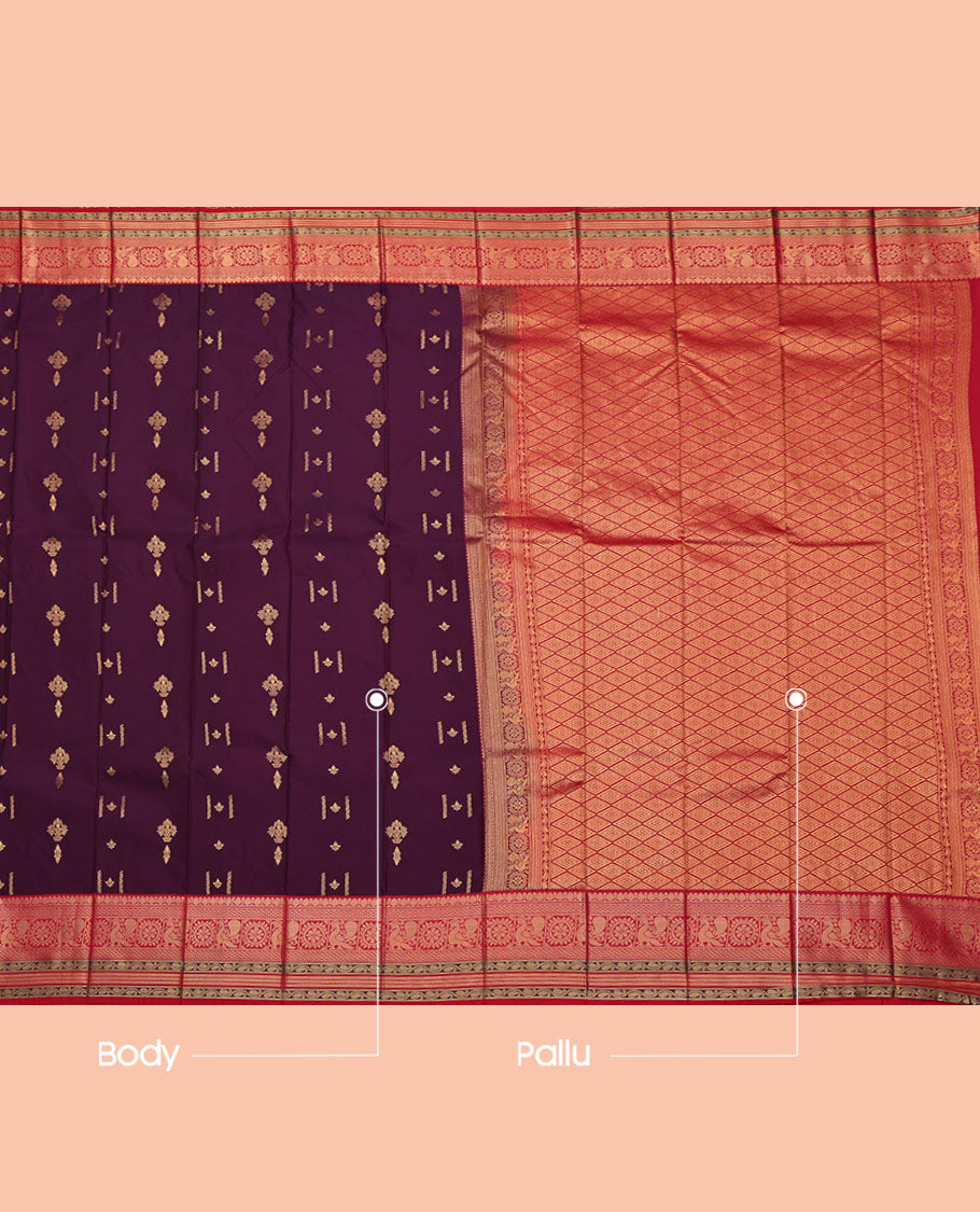 Purple Budget Silk Saree, Decorated with Zari Buttas All Over Its Body, Complemented by a Contrast Traditional Zari Design Peacock-Chakram Border, Grand Jaal Pallu, and Paired with a Contrast Blouse
