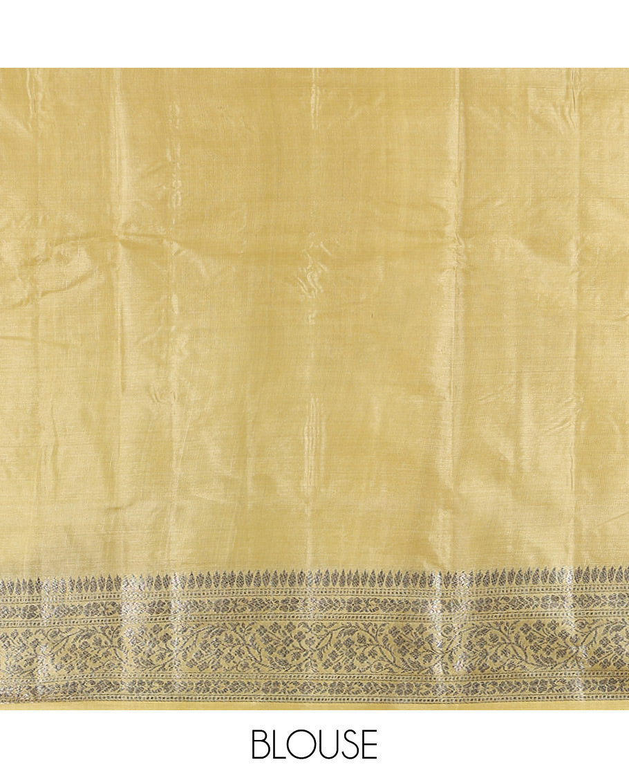 Yellow Tusser Silk Saree, Decorated with Zari Buttas, a Zari Border, Grand Pallu, and a Matching Blouse