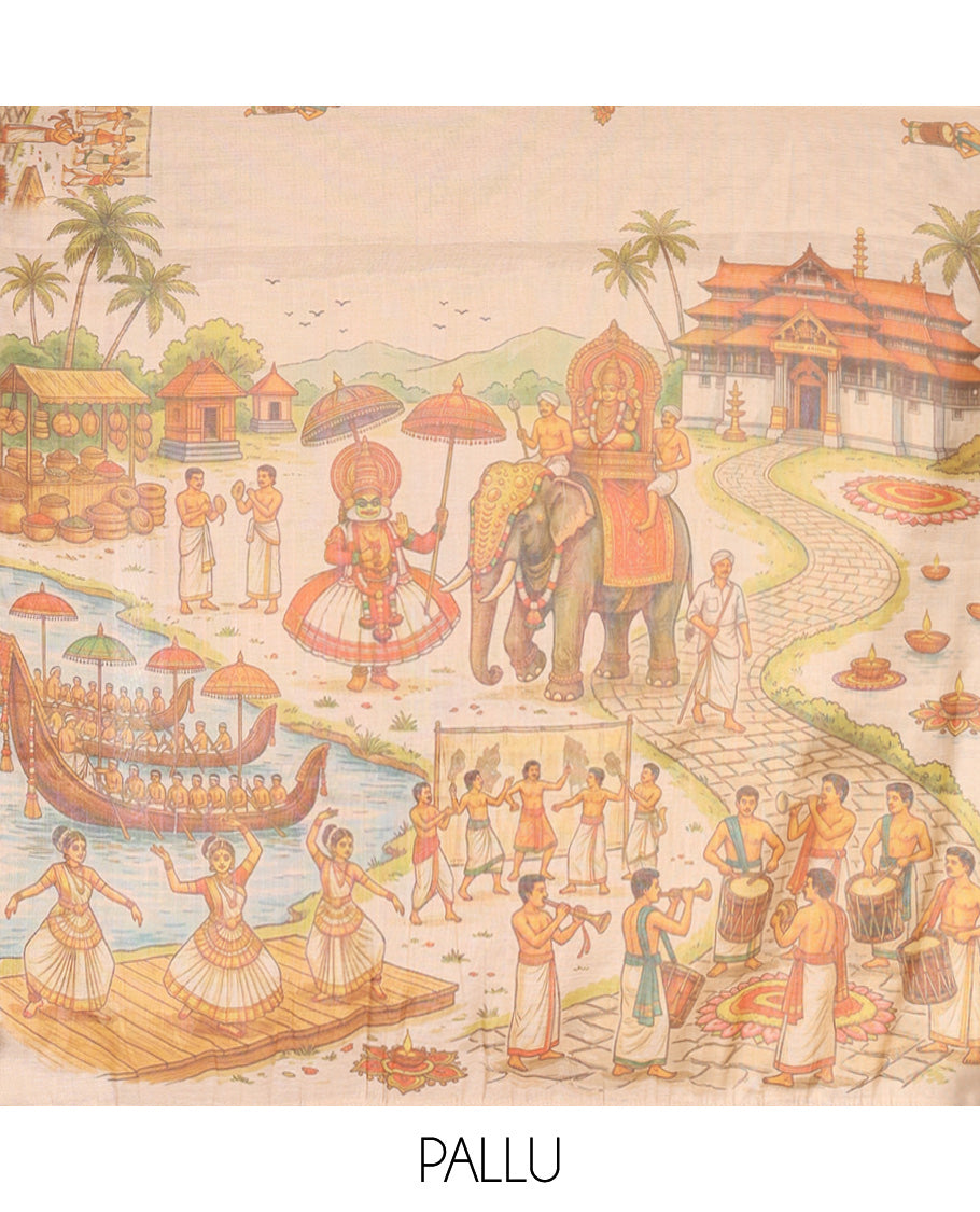 Gold Tissue Saree Features Kerala Culture and People Print, a Zari Border, Kerala-Theme Pallu, and Matching Blouse