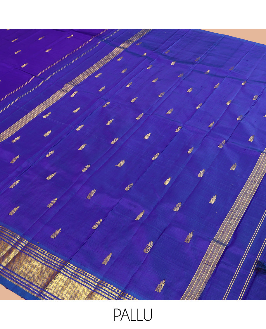 Violet Kanchipuram Silk Saree, Embellished with Zari Buttas, a Contrast One-Sided Border of Paneer Sombu, Banaras, Muthu and Mayil Kann Design, Zari Design Pallu, and No Blouse