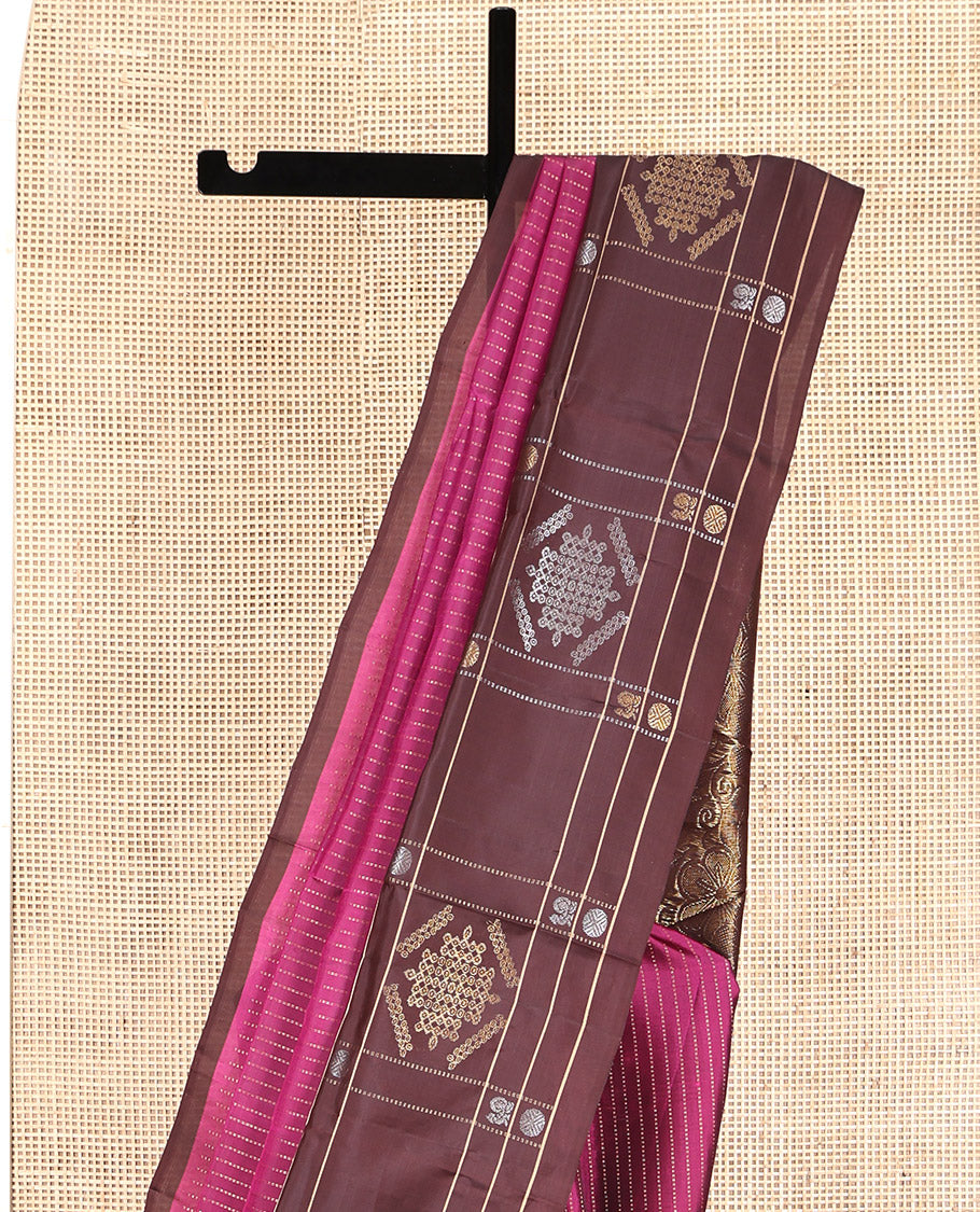 Magenta Mayuri Lite Silk Mix Saree, Mesmerized with Zari Stripes, Contrast Kambi Kolam Motif Border, Pallu of Floral Designs, and a Contrast Blouse