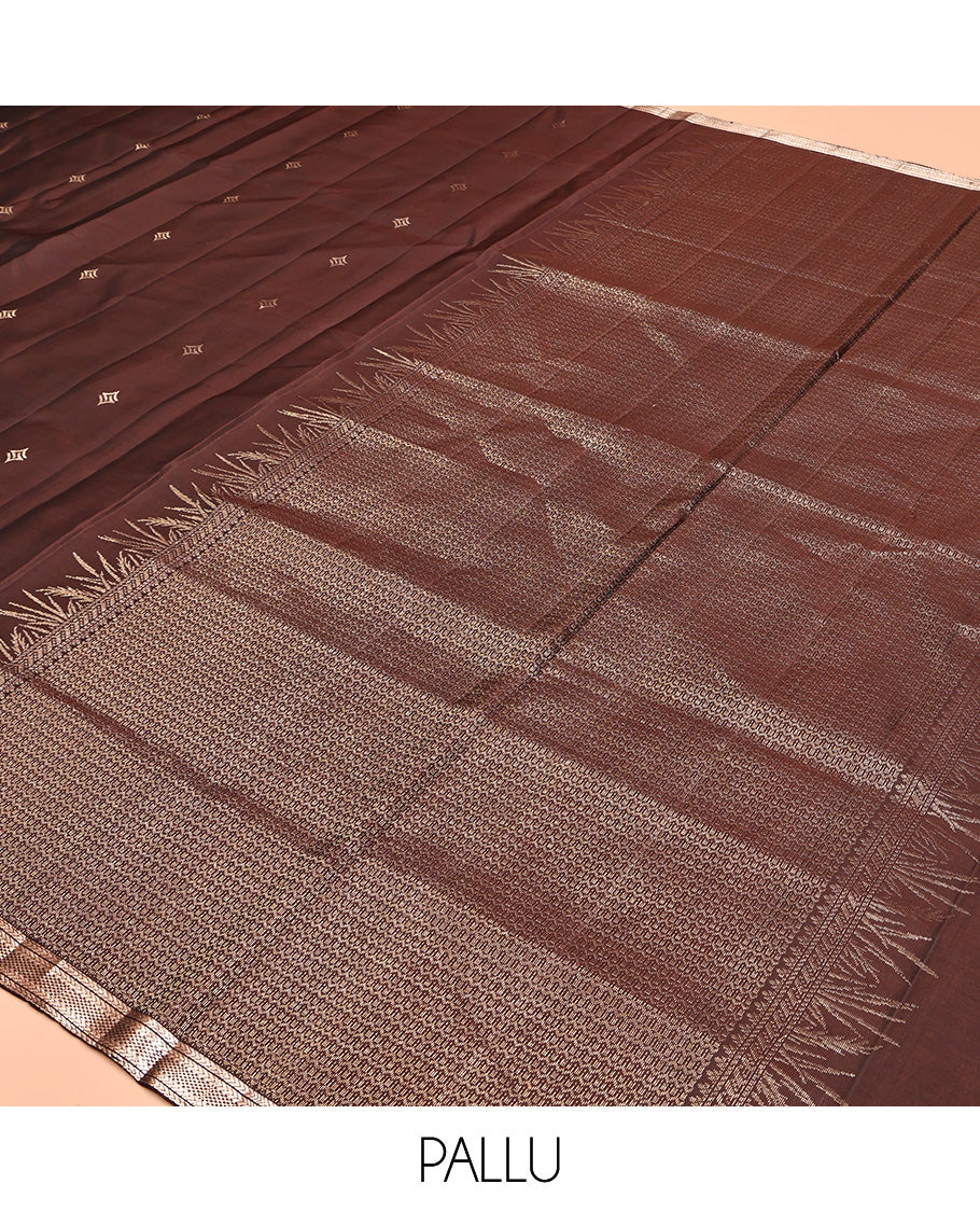 Brown Mayuri Soft Silk Saree, Spotlighted with Zari Buttas All Over Its Body, Highlighted by Piping Zari Border, Intricately Designed Pallu and Paired with a Matching Blouse