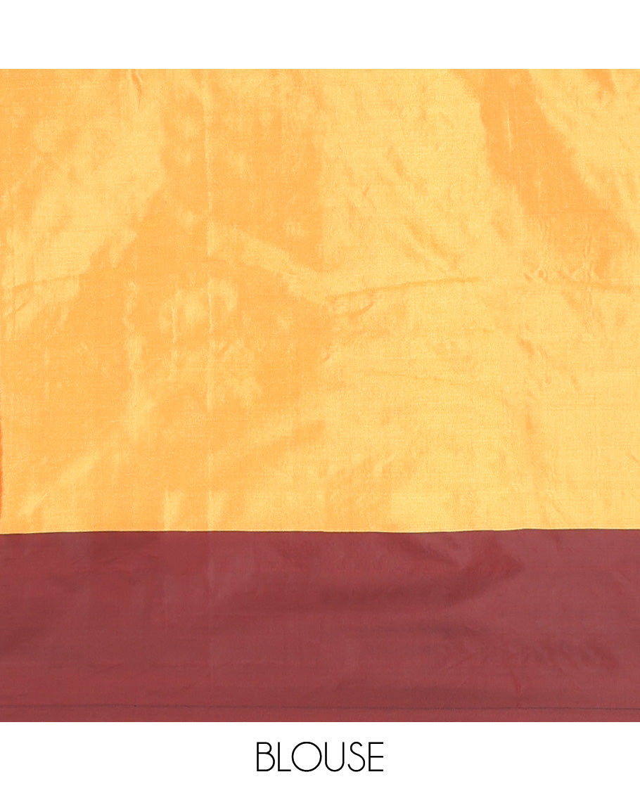 Yellow Aarani Silk Saree, Lightly Embellished with Zari Buttas All Over Its Body, Complemented by a Contrast Zari Design Border, Pallu of Stripes, and Paired with a Matching Blouse