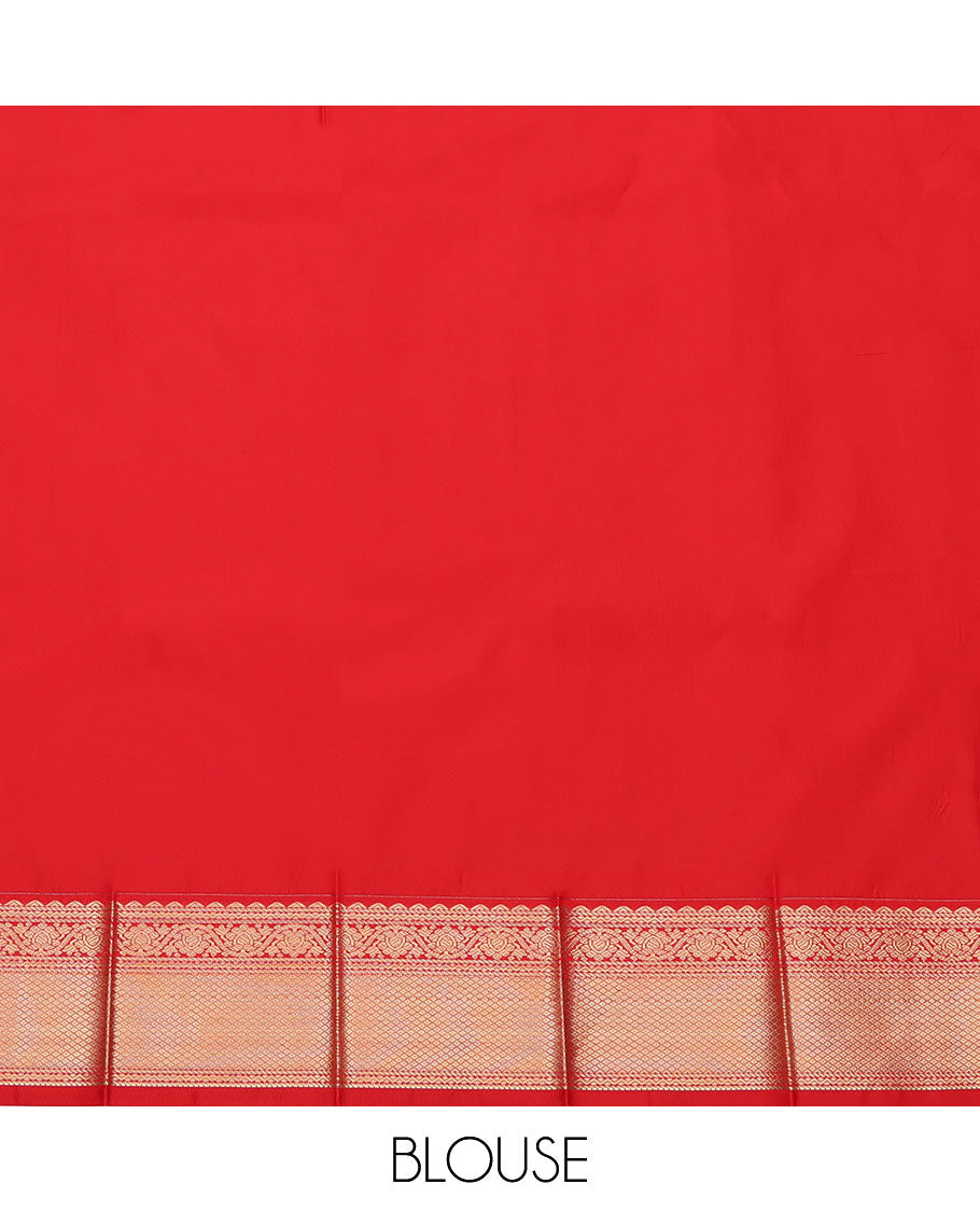 Orange Budget Silk Saree, Charmingly Accented with Zari Buttas and Micro-Checks on Its Body, Complemented by a Contrast Traditional Zari Design Border, Jaal Pallu, and Paired with a Contrast Blouse