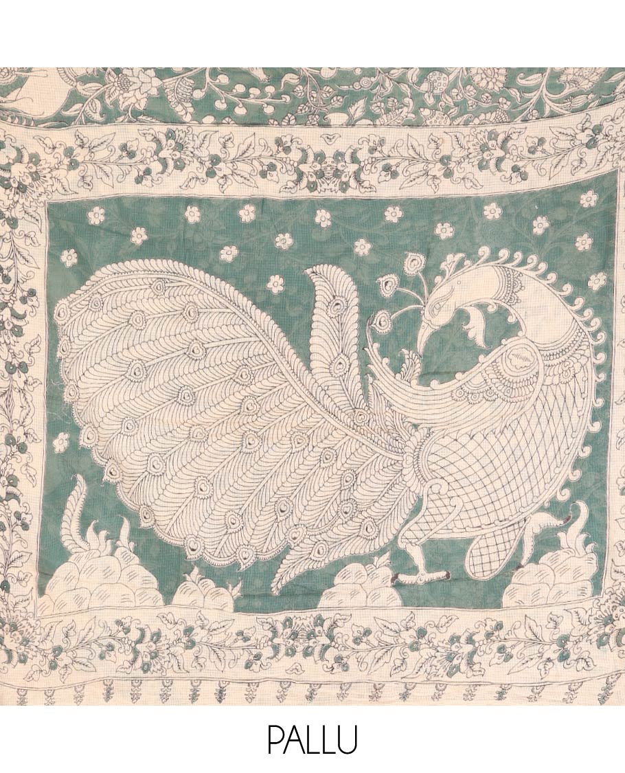 Grey Machine-Printed Kalamkari Cotton Saree Features Floral, and Fauna Motifs, a Piping Border, Pallu of Peacock, and a Matching Blouse