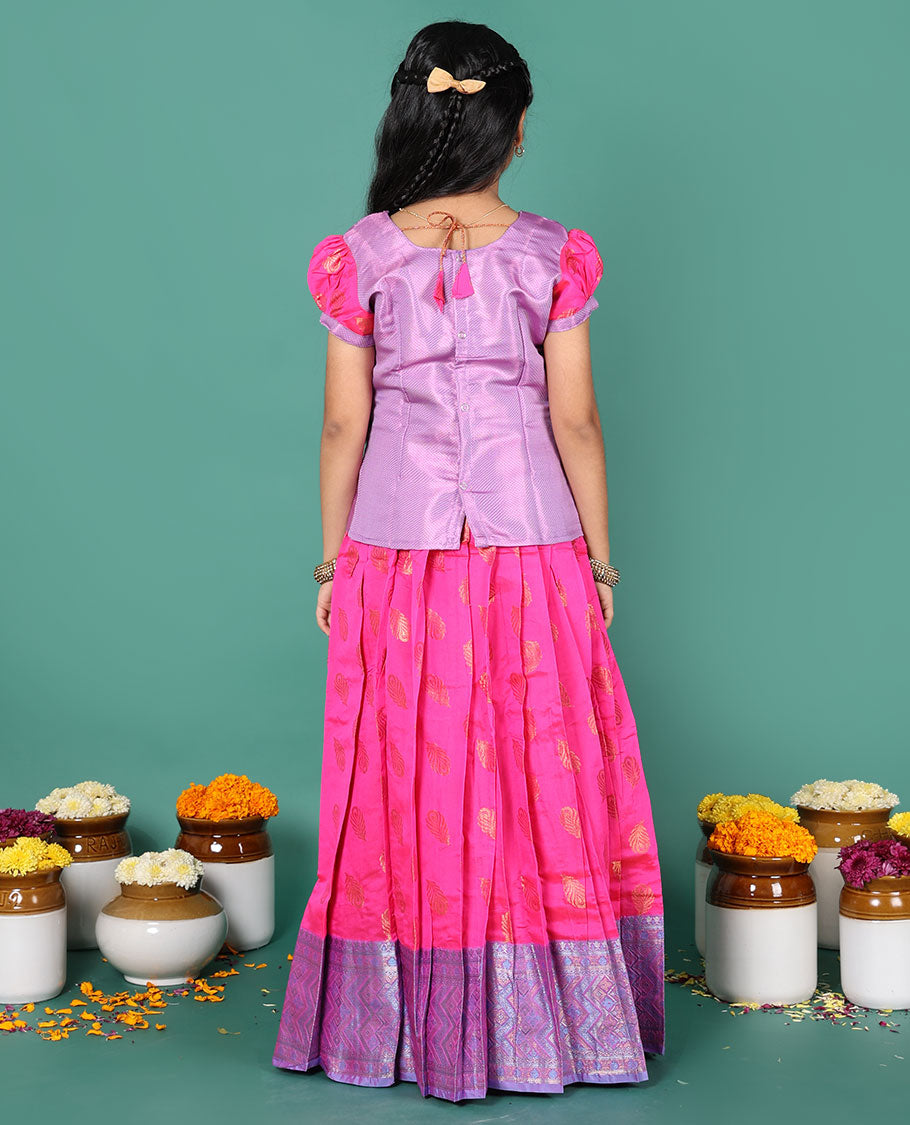 Pink readymade art silk pavadai, peacock feather buttas & contrast geometric border skirt, & embroidery round neck puff-sleeve blouse