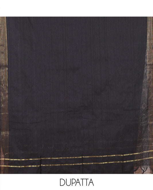Grey Handloom Material Chudidar, Peacock-Chakram Motifs-Threaded Top, a Contrast Plain Bottom, and a Contrast Dupatta