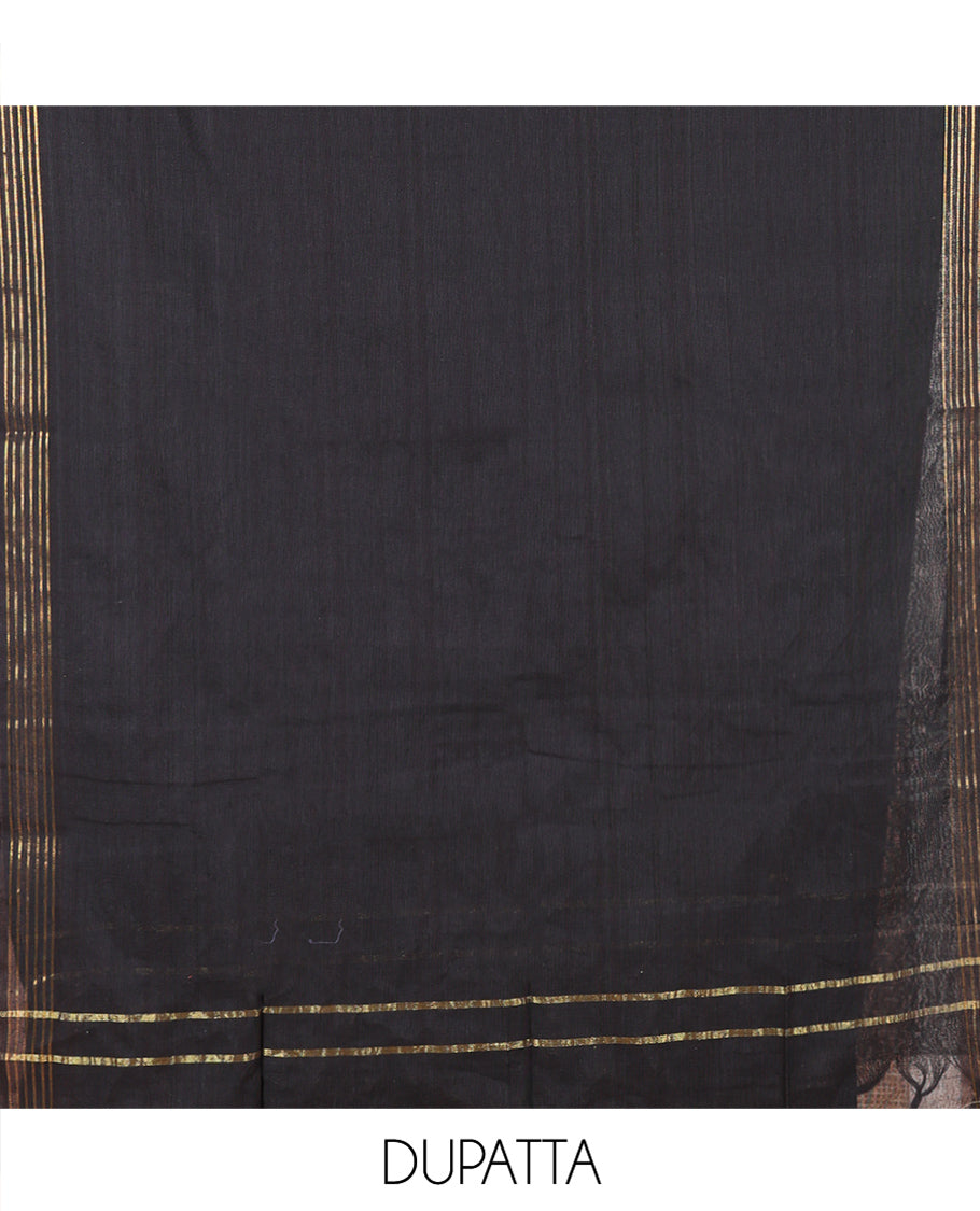 Grey Handloom Material Chudidar, Peacock-Chakram Motifs-Threaded Top, a Contrast Plain Bottom, and a Contrast Dupatta
