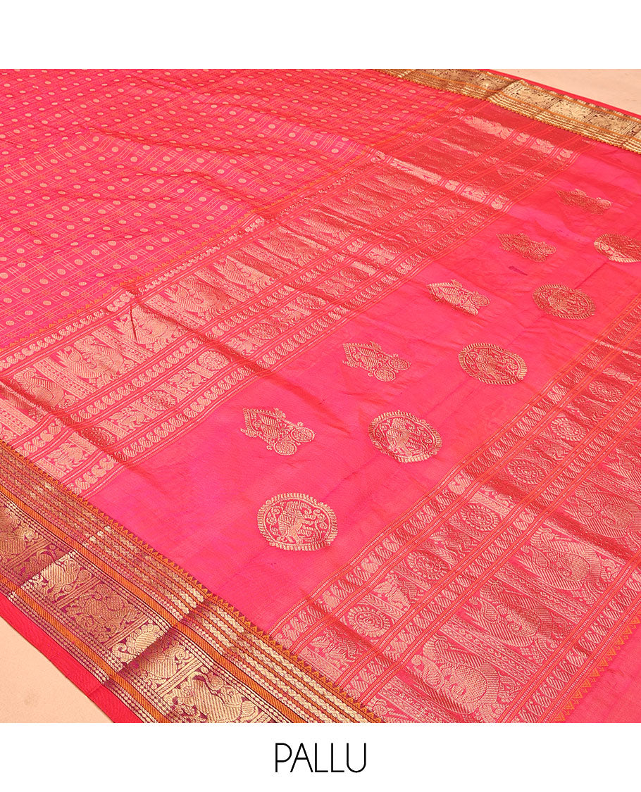 Pink Buttas Enclosed Checked Kuppadam Silk Saree, a Yazhi Border, Grand Pallu, a Matching Blouse