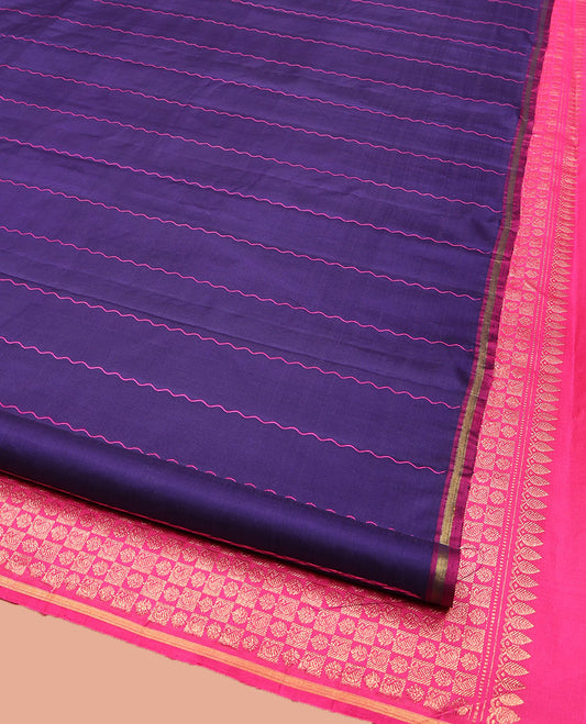 Borderless Blue Kanchipuram Silk Saree, Elevated with Zari Buttas and Zig-Zag Thread Stripes, Complemented by a Contrast Pallu of Zari Butta Enclosed Checked Designs, and Paired with a Contrast Blouse