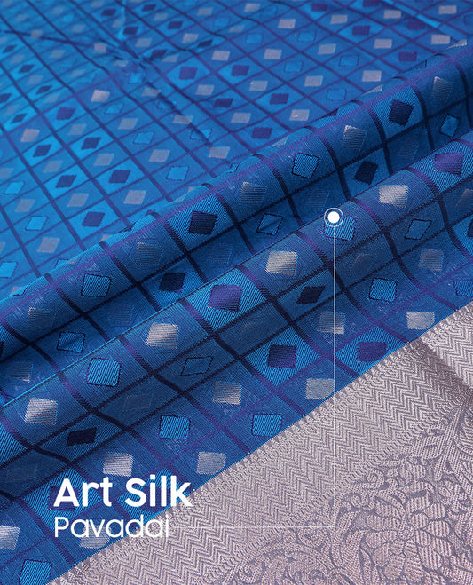 Green art silk pavadai material set, butta enclosed checked pavadai with contrast blouse & traditional zari border