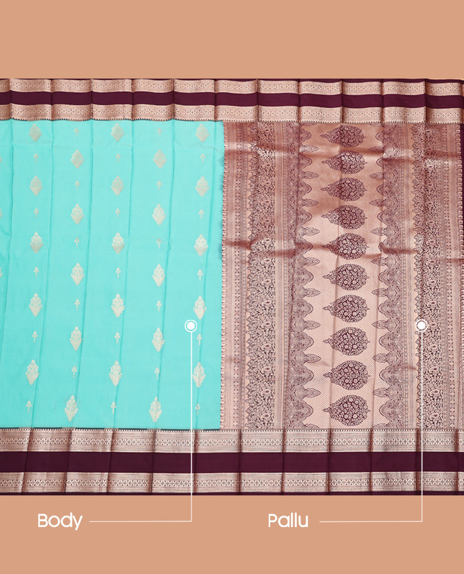 Blue Budget Silk Saree, Decked Up with Zari Buttas, Complemented by Contrast Traditional Zari Rettai Pettu Border, Grand Pallu, and a Contrast Blouse