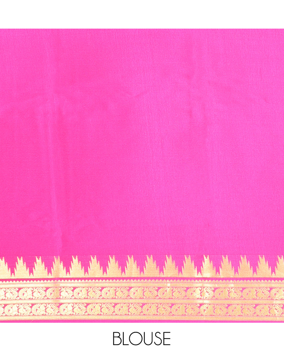Green Plain Mysore Silk Saree, Complemented by a Contrast Temple Peacock Zari Border, Zari Design Pallu, and a Contrast Blouse