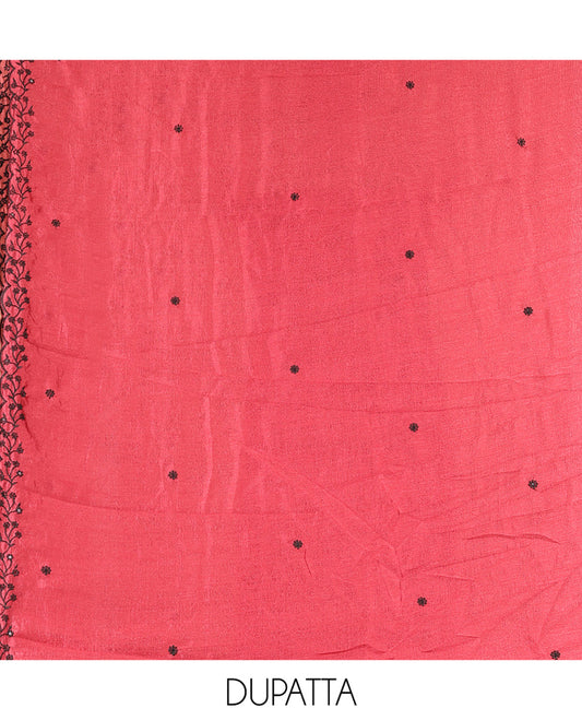 Dark Onion Pink Vichitra Silk Material Chudidar Set, Finely Crafted with Thread Embroidery Top, Matching Bottom, and Thread Work Dupatta