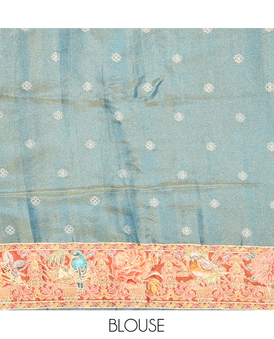 Blue Tropical Floral Russian Dola Tissue Saree, Floral-Bird Border, and a Matching Blouse