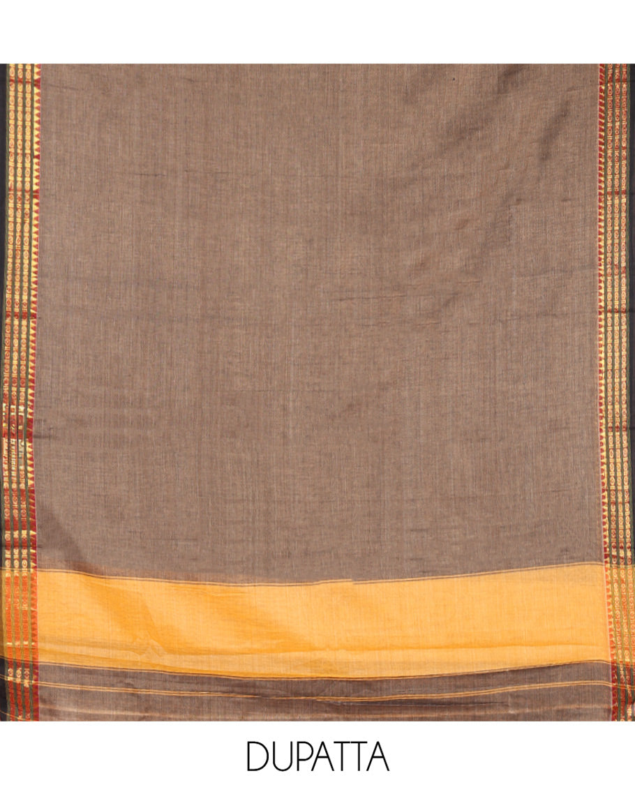 Grey Mercerised Cotton Material Chudidar Set, Adorned with Rudraksham-Temple Bordered Top, a Mercerised Cotton Bottom, and Paired with a Matching Mercerised Cotton Rudraksham-Temple Bordered Dupatta