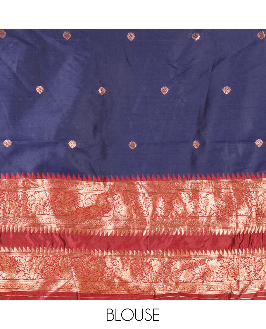 Navy Blue-Red Semi-Banarasi Half-Saree Adorned with Zari Buttas on Its Skirt, Complemented by a Contrast Traditional Zari Temple Rettai Pettu Border, Paired with a Matching Blouse, and a Satin Georgette Embroidered Scallop Dhavani