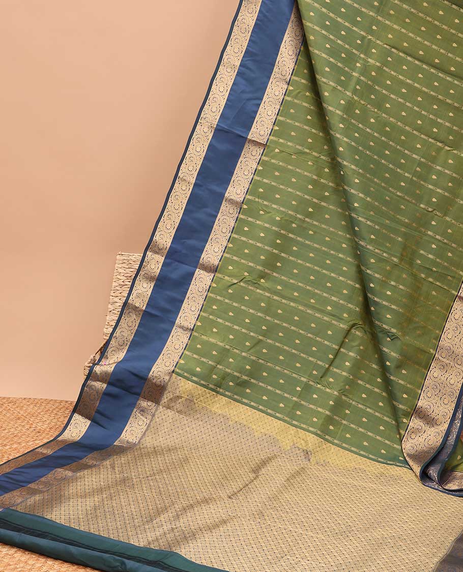 Green stripe, floral vasundhara elite silk saree with contrast floral zari border & checked zari design pallu