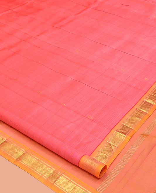 Peach Kanchipuram Silk Saree, Woven with Zari Buttas, a Contrast One-Sided Border of Banaras and Mayil Kann Designs, a Zari Design Pallu, and No Blouse