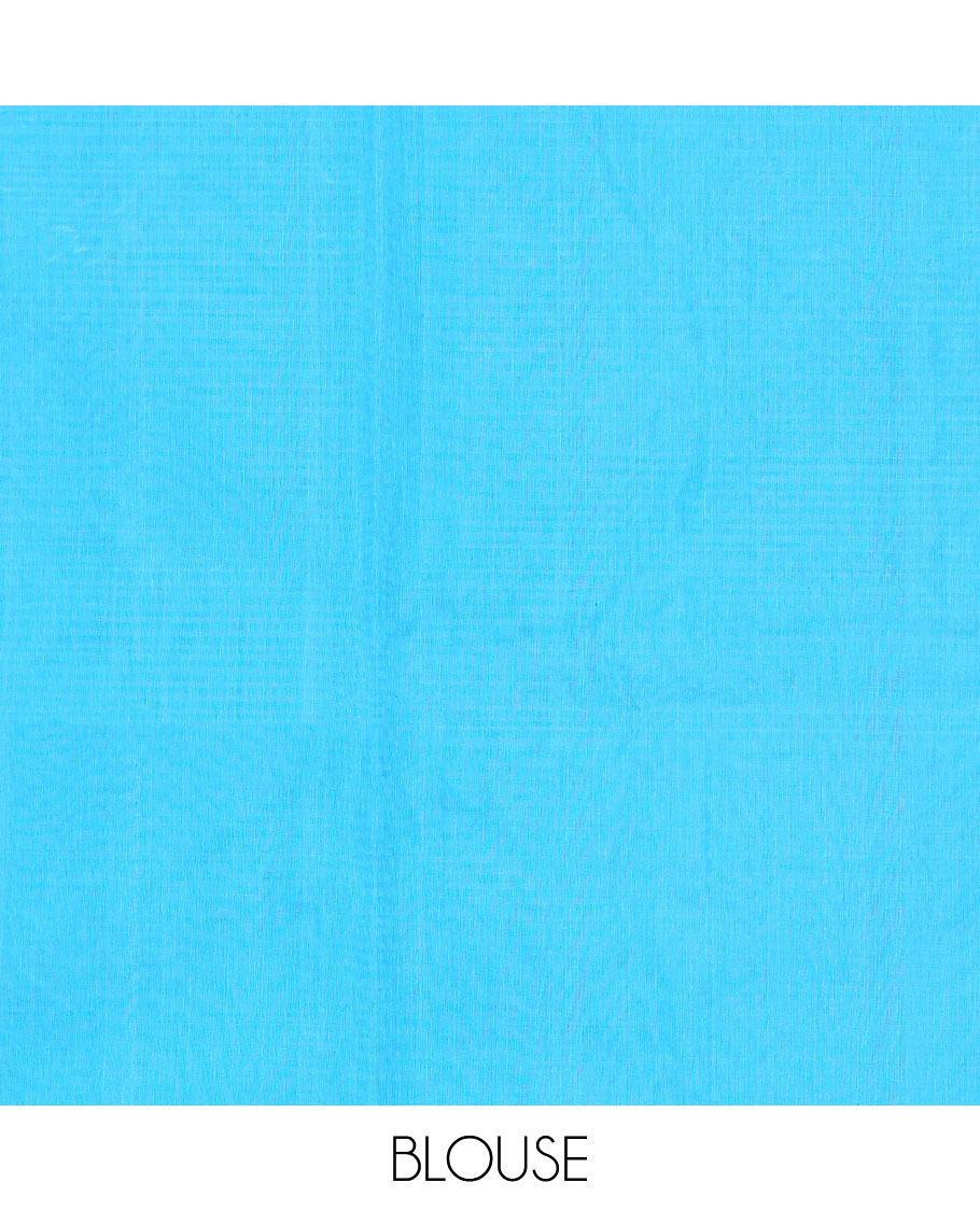 Borderless Blue Silk Cotton Saree, Steeped with Zari Stripes and Buttas, Diagonally Striped Pallu, and a Matching Blouse