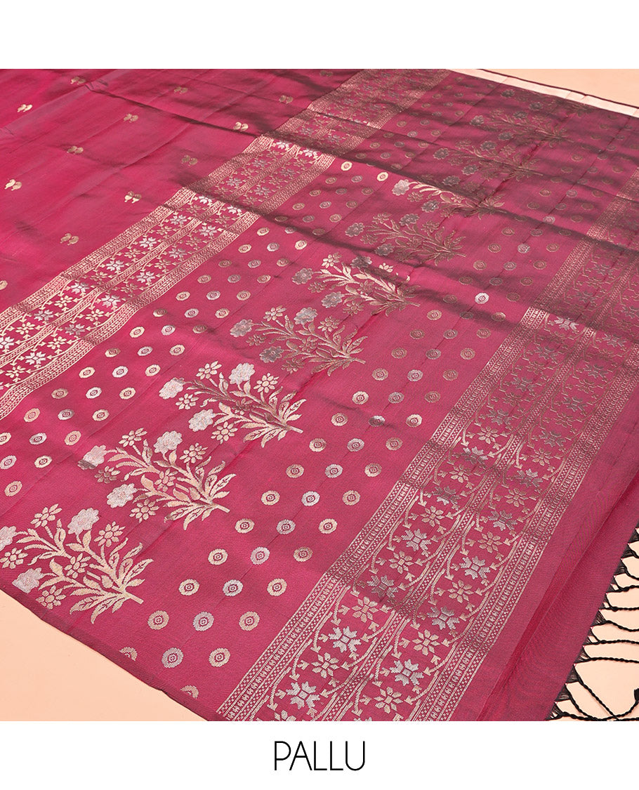 Wine Mayuri Soft Silk Saree, Subtly Woven with Manga Buttas All Over Its Body, Highlighted and Temple Border of Floral Creeper Designs, Pallu of Floral Designs, and Paired with a Matching Blouse