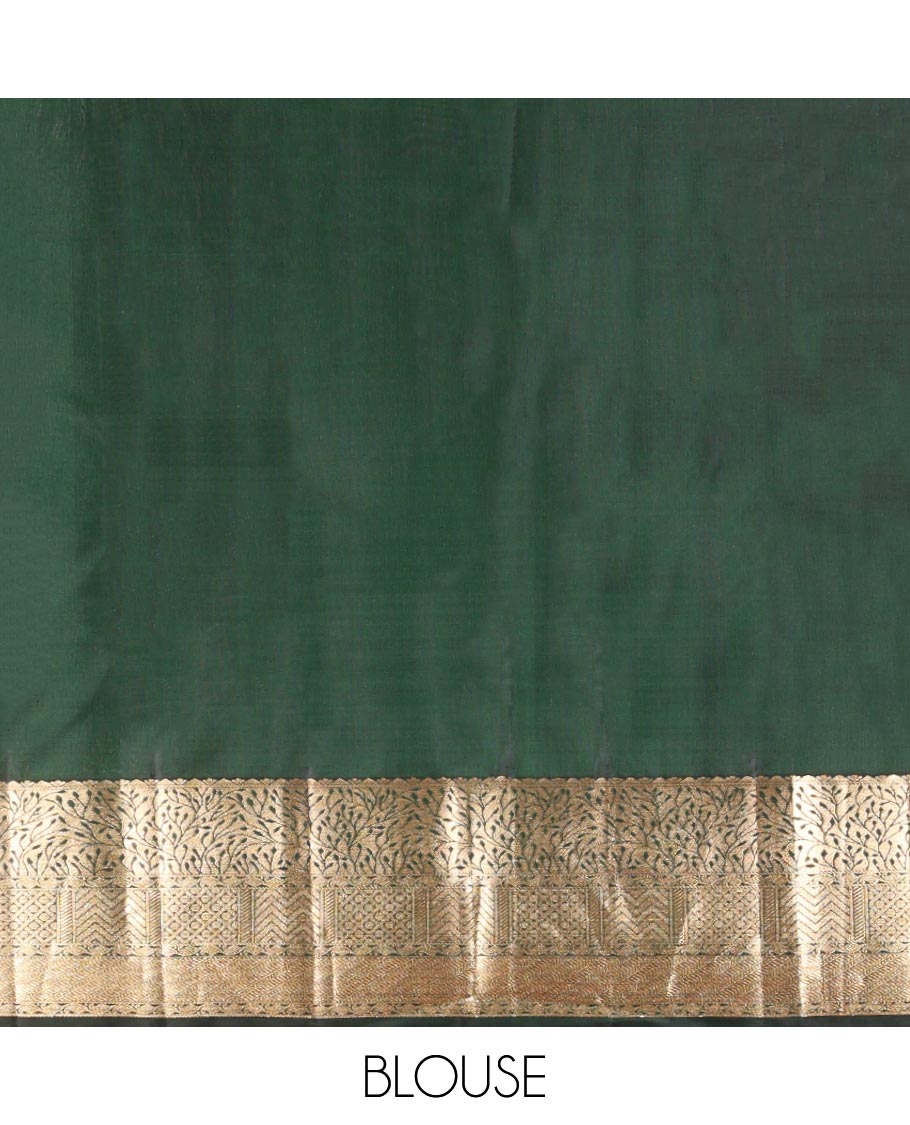 Bottle green leaf buttas silk saree with self floral design border & floral, paisley design pallu