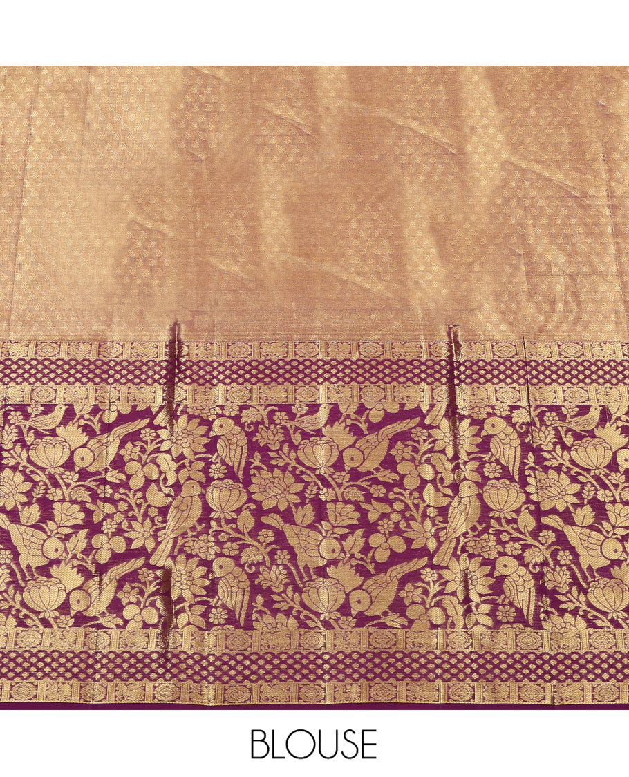 Pink Pure Silk Half-Saree, Woven with Floral Jacquard All Over Its Skirt, Complemented by a Contrast Border of Meenakari Floral and Bird Designs, Paired with a Contrast Blouse, and Comes with a Gleaming Zari Dhavani